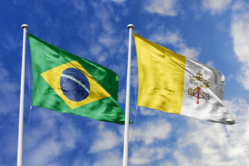 3D illustration. Brazil and Vatican City flags waving in the sky. High detailed waving flag. 3D...