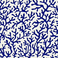 Coral seamless pattern background in vintage style in blue colors. Matisse-inspired modern abstract organic algae background. Vector design for textile, wrapping paper, greeting cards.