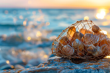 Shells in a net on a stone, sea on a background, sunset on the beach, golden hour