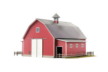Classic red barn with white doors and cupola. Perfect for rural, agriculture, and farm-stock imagery.