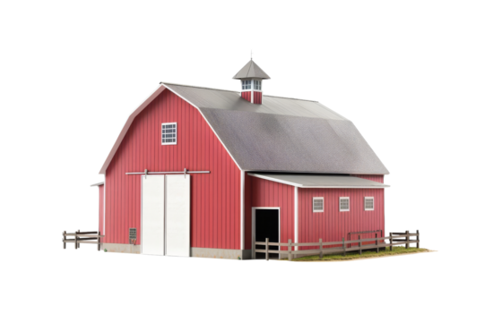 Classic red barn with white doors and cupola. Perfect for rural, agriculture, and farm-stock imagery.