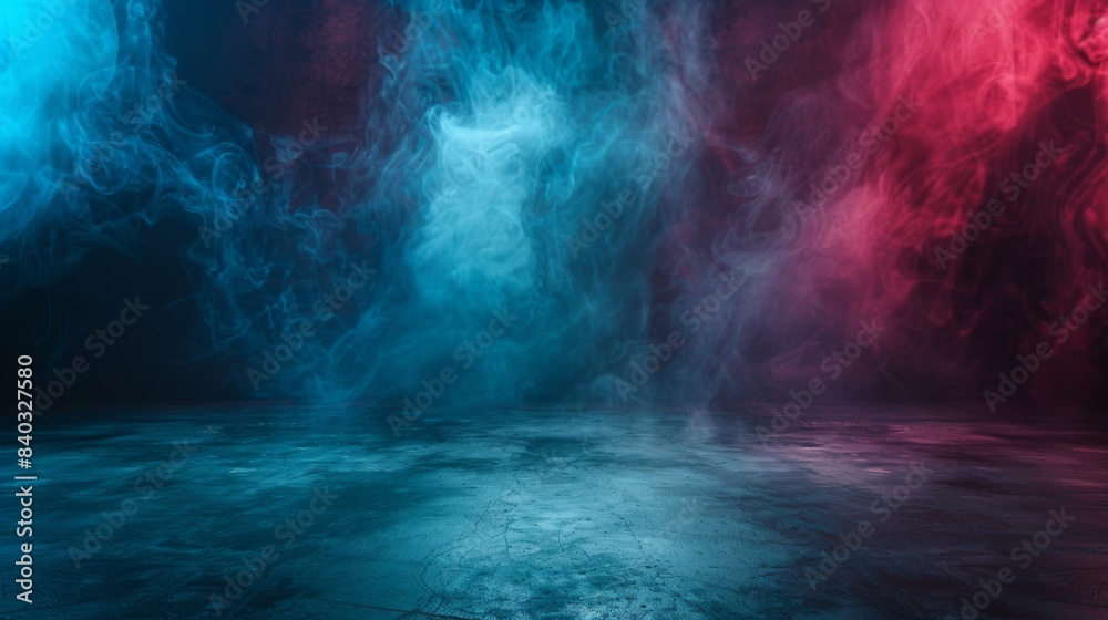 Aufkleber empty space of studio dark room with fog or mist and lighting effect red and blue on concrete floor 