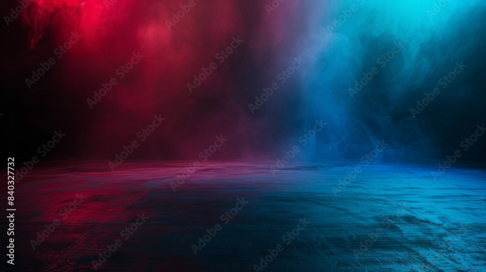 Aufkleber empty space of studio dark room with fog or mist and lighting effect red and blue on concrete floor 