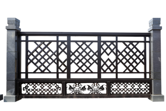 Intricate black iron railing with geometric designs, perfect for architectural and decorative purposes in home or garden settings.