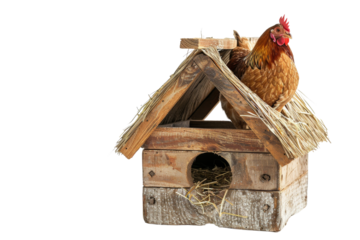 Rustic wooden chicken coop with a hen perched on top, isolated on transparent background. Perfect for farm and agriculture themes.