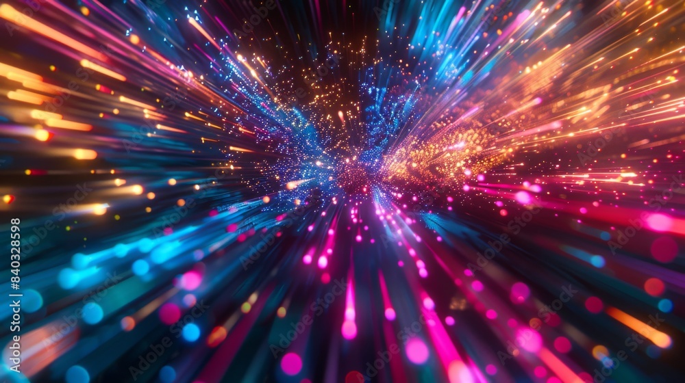 Poster Explosion colorful rays. Shine dynamic scene. Magic moving fast lines. Hologram display. Bright blurred waves. Stylish space bright fantasy abstract background. Future tech.
