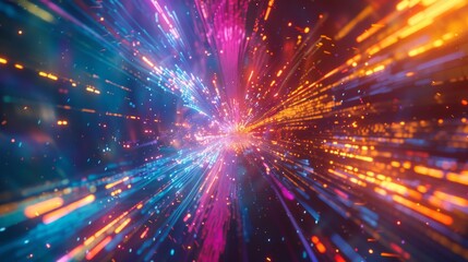 Explosion colorful rays. Shine dynamic scene. Magic moving fast lines. Hologram display. Bright blurred waves. Stylish space bright fantasy abstract background. Future tech.
