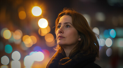 Fototapeta premium Woman in her 40s in the city at night illumination portrait image