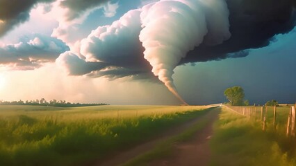 A Tornado in a green field under a dramatic sky with clouds and a hint of a storm - Powered by Adobe