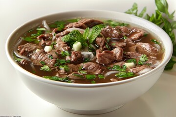 Traditional Vietnamese pho soup with rich broth, beef, and fresh herbs, served in a white bowl with natural light and high quality food photography