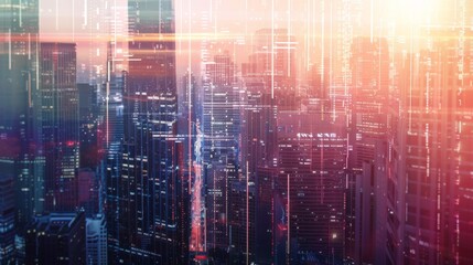 Forex graph on city view with skyscrapers background multi exposure. Financial analysis concept