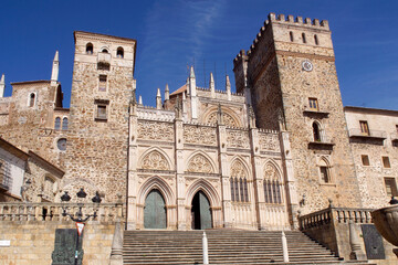 Guadalupe (C&aacute;ceres) Spain. Main fa&ccedil;ade of the Royal Monastery of Santa Mar&iacute;a de Guadalupe