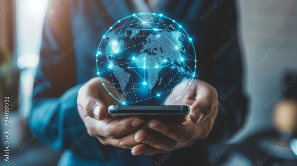 Poster global network concept,Businessman holding global network connection on smart phone strategy and smart intelligence