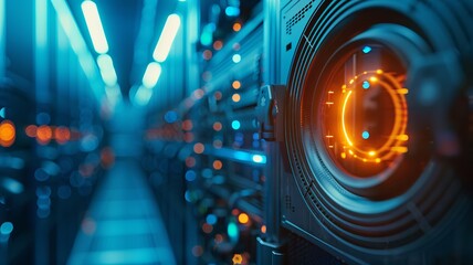 Futuristic data center with glowing lights, servers, and advanced computing systems showcasing technology and innovation.