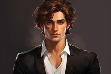 Fototapeta premium Digital character design of a young man with brown hair and golden eyes, showcasing a beautiful face.