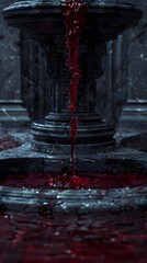 Eerie Marble Fountain Overflowing with Vibrant Crimson Wine in Moody Renaissance Ambiance