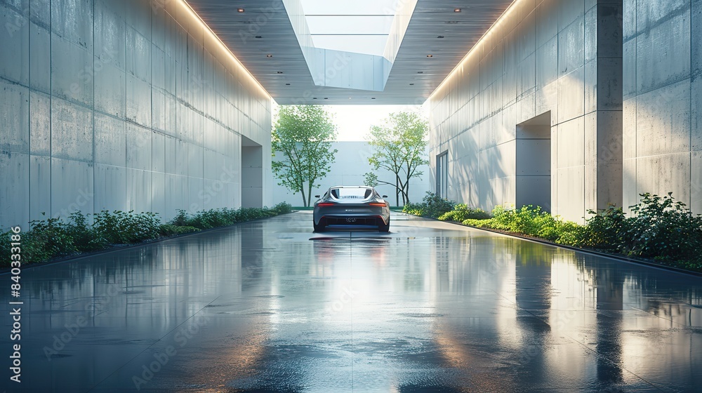 Poster the background of a car presentation is a d rendering of modern architecture with an empty concrete 