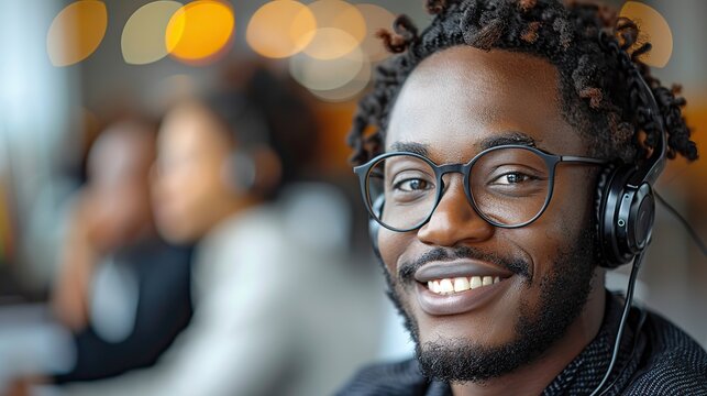 smiling african american customer service representative working with a headset in the office.stock image