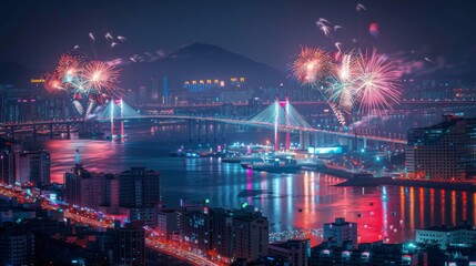Fototapeta premium Gwangandaegyo Bridge And fireworks in Busan, South Korea