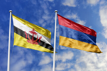 3d illustration. Brunei and Armenia Flag waving in sky. High detailed waving flag. 3D render. Waving in sky. Flags fluttered in the cloudy sky.