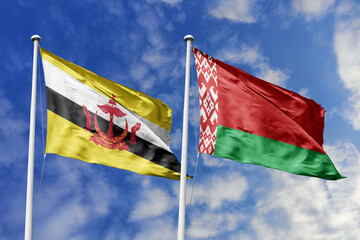 3d illustration. Brunei and Belarus Flag waving in sky. High detailed waving flag. 3D render. Waving in sky. Flags fluttered in the cloudy sky.