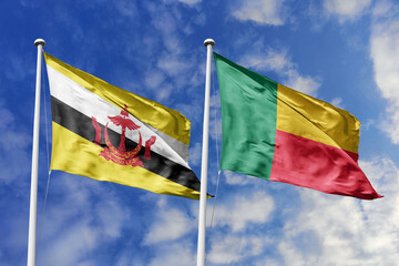 3d illustration. Brunei and Benin Flag waving in sky. High detailed waving flag. 3D render. Waving in sky. Flags fluttered in the cloudy sky.