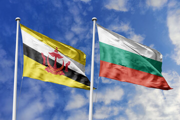 3d illustration. Brunei and Bulgaria Flag waving in sky. High detailed waving flag. 3D render. Waving in sky. Flags fluttered in the cloudy sky.