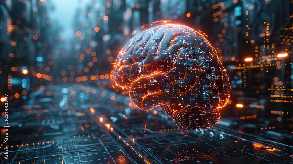 Poster uxui development concept graphic of a futuristic brain with user experience design and user interfac
