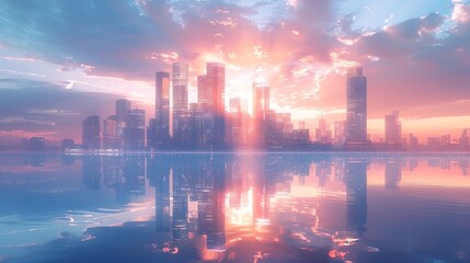 Obraz premium Picture of modern skyscrapers of a smart city, futuristic financial district with buildings and reflections 