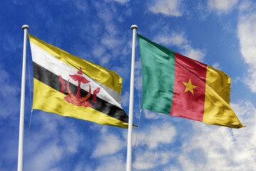 3d illustration. Brunei and Cameroon Flag waving in sky. High detailed waving flag. 3D render. Waving in sky. Flags fluttered in the cloudy sky.