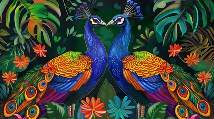 Fototapeta premium Illustration of two vibrant peacocks facing each other with lush tropical foliage in the background.