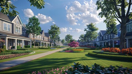 Obraz premium A photorealistic image of a charming suburban neighborhood with rows of neatly manicured lawns, colorful flower beds, and welcoming front porches, perfect for families and young professionals