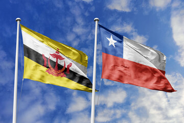 3d illustration. Brunei and Chile Flag waving in sky. High detailed waving flag. 3D render. Waving in sky. Flags fluttered in the cloudy sky.