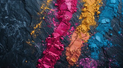 Happy Holi decoration, the indian festival.Top view of colorful holi powder on dark stone background.