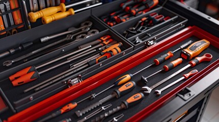 Fototapeta premium A detailed close-up of a toolbox filled with various tools and equipment, essential for assembling furniture and completing DIY projects in a new home
