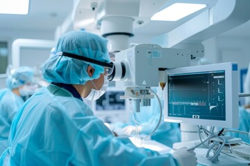 Naklejka premium Surgeons in a high-tech operating room performing precision eye surgery with advanced medical equipment, showcasing expertise and cutting-edge technology