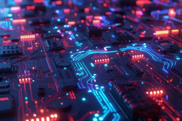 Obraz premium A close-up view of a neon-lit circuit board with intricate patterns and glowing pathways, highlighting the complexity and beauty of modern electronics.