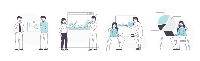 Business People Character Presenting Graph Working with Data Vector Set