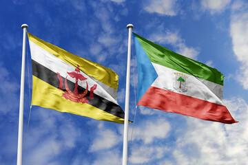3d illustration. Brunei and Equatorial Guinea Flag waving in sky. High detailed waving flag. 3D render. Waving in sky. Flags fluttered in the cloudy sky.