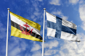 3d illustration. Brunei and Finland Flag waving in sky. High detailed waving flag. 3D render. Waving in sky. Flags fluttered in the cloudy sky.