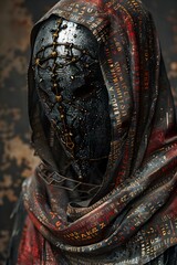 Obraz premium Harrowing Close-Up of Gothic Cult Devotee in Arcane Glass Robe with Ominous Symbols and Centipede Mask