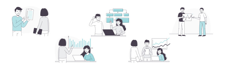 Business People Character Presenting Graph Working with Data Vector Set