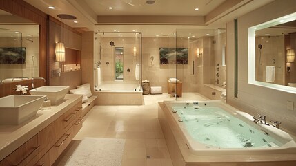 A photo of a modern bathroom with a spa-like atmosphere, featuring a soaking tub, rainfall showerhead, and luxurious amenities for ultimate relaxation
