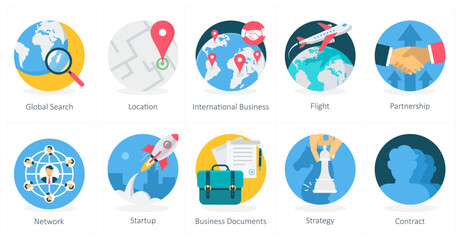 A set of 10 business icons as global search, location, international business