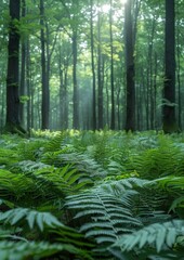 Fototapeta premium Lush green ferns in a forest, depicting tranquility and freshness. without logo and without watermark 