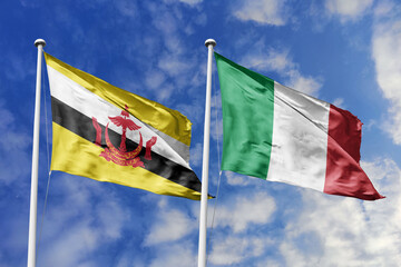 3d illustration. Brunei and Italy Flag waving in sky. High detailed waving flag. 3D render. Waving in sky. Flags fluttered in the cloudy sky.