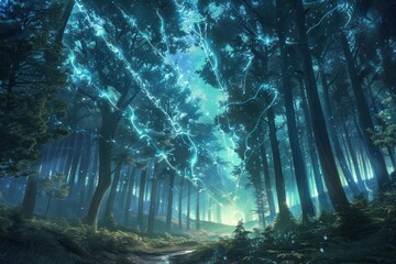 Obraz premium Enchanted Forest Illuminated by Iridescent Light Ribbons