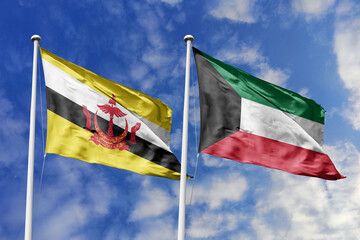 3d illustration. Brunei and Kuwait Flag waving in sky. High detailed waving flag. 3D render. Waving in sky. Flags fluttered in the cloudy sky.