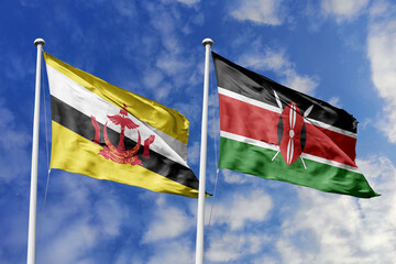 3d illustration. Brunei and Kenya Flag waving in sky. High detailed waving flag. 3D render. Waving in sky. Flags fluttered in the cloudy sky.