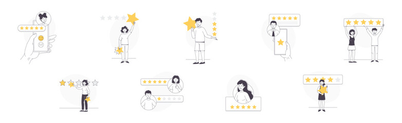 Feedback and Customer Review with People Character with Star Rating Service Vector Set